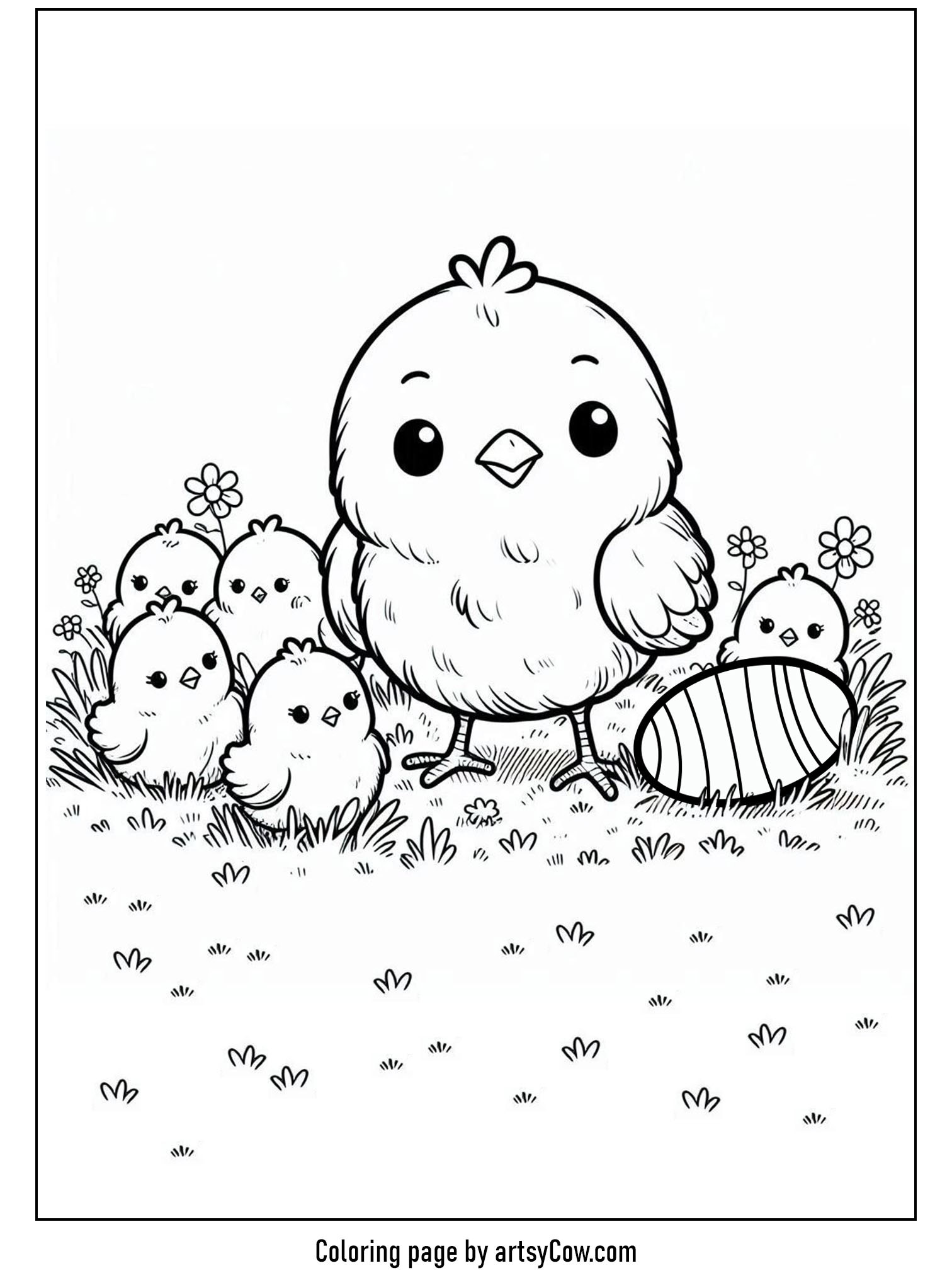 Easter chick coloring pages with a big chick surrounded by baby chicks and a decorated egg in a grassy field with flowers.